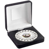 BLACK VELVET BOX AND 70mm FOOTBALL MEDAL TROPHY (1in CENTRE) SILVER - 4in